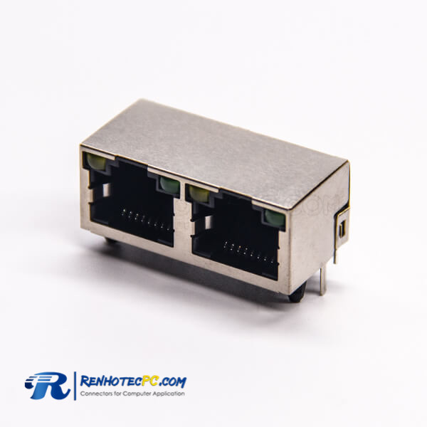 Dual Rj45 Connector Pcb Dip Type Right Angled With Led Shielded 1x2 Port